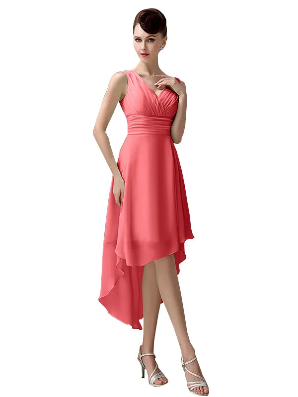 A-line Chiffon V-Neck High-Low Short Beach Bridesmaid Dresses