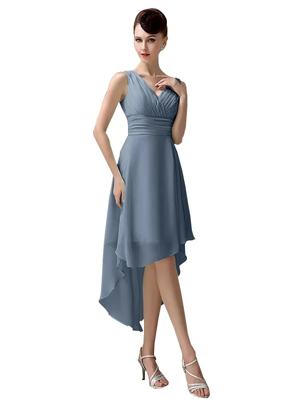 A-line Chiffon V-Neck High-Low Short Beach Bridesmaid Dresses