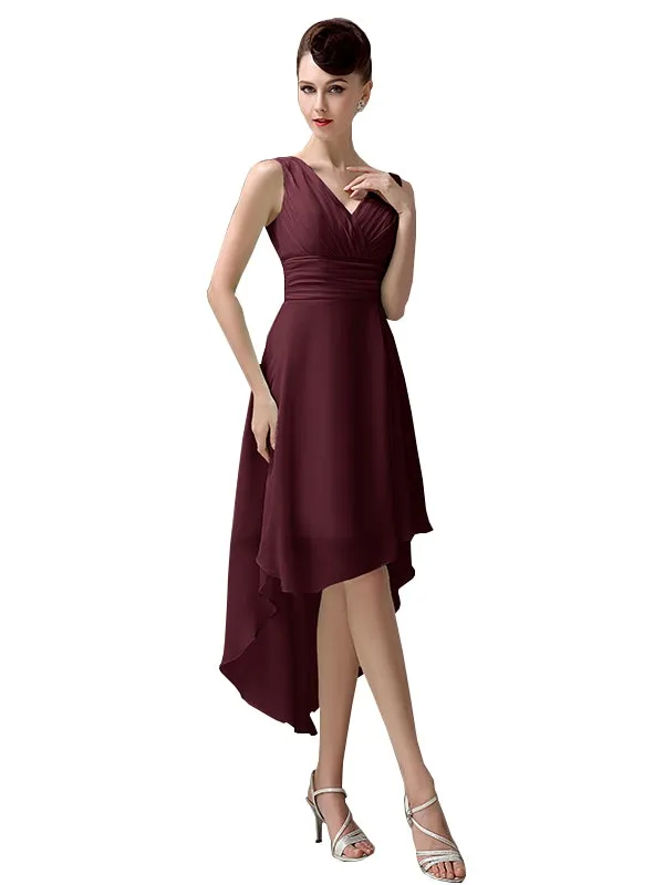 A-line Chiffon V-Neck High-Low Short Beach Bridesmaid Dresses