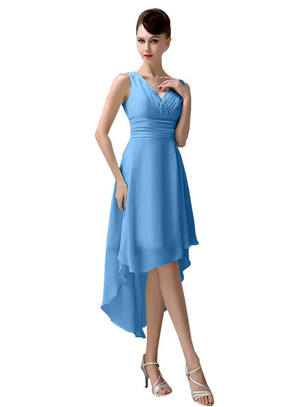 A-line Chiffon V-Neck High-Low Short Beach Bridesmaid Dresses