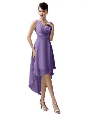 A-line Chiffon V-Neck High-Low Short Beach Bridesmaid Dresses