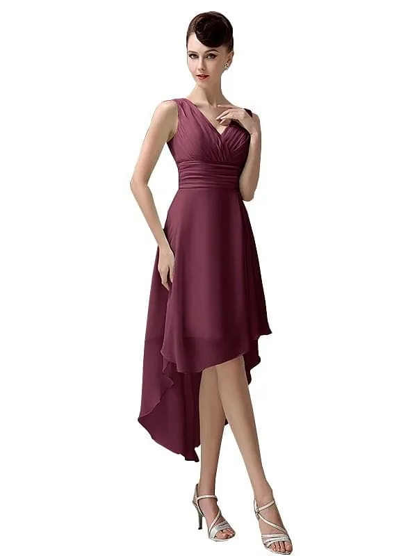 A-line Chiffon V-Neck High-Low Short Beach Bridesmaid Dresses