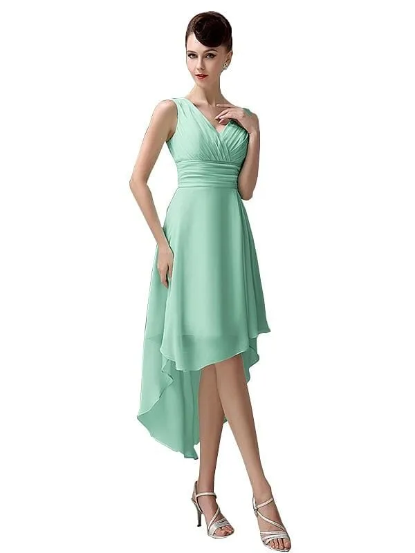 A-line Chiffon V-Neck High-Low Short Beach Bridesmaid Dresses