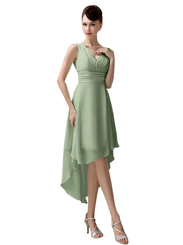 A-line Chiffon V-Neck High-Low Short Beach Bridesmaid Dresses