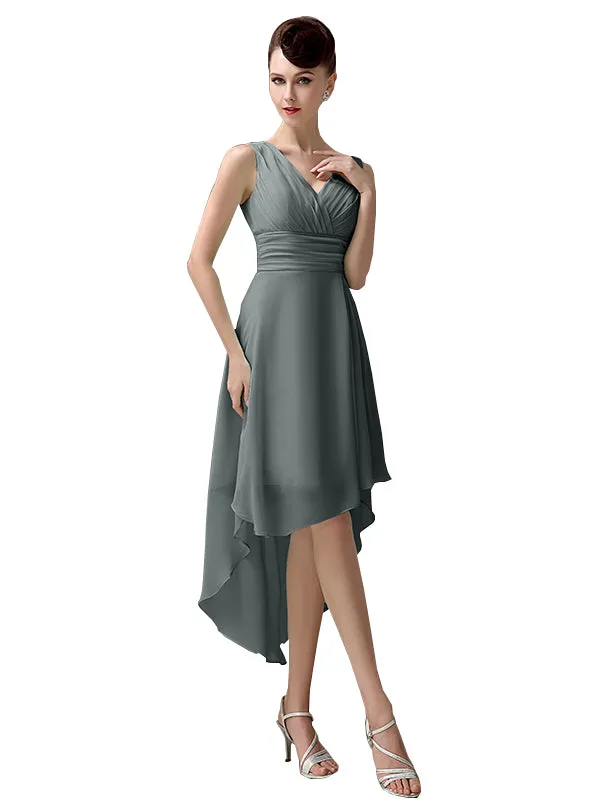 A-line Chiffon V-Neck High-Low Short Beach Bridesmaid Dresses