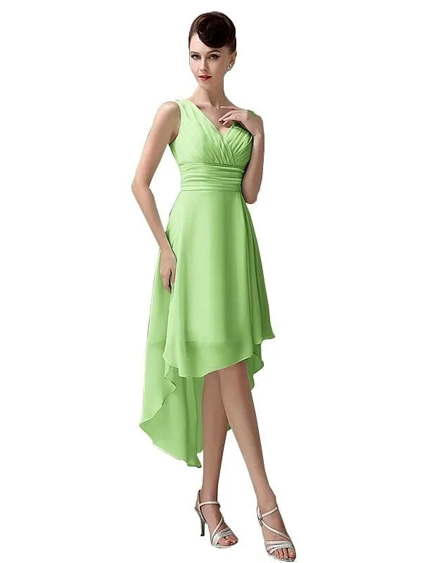 A-line Chiffon V-Neck High-Low Short Beach Bridesmaid Dresses