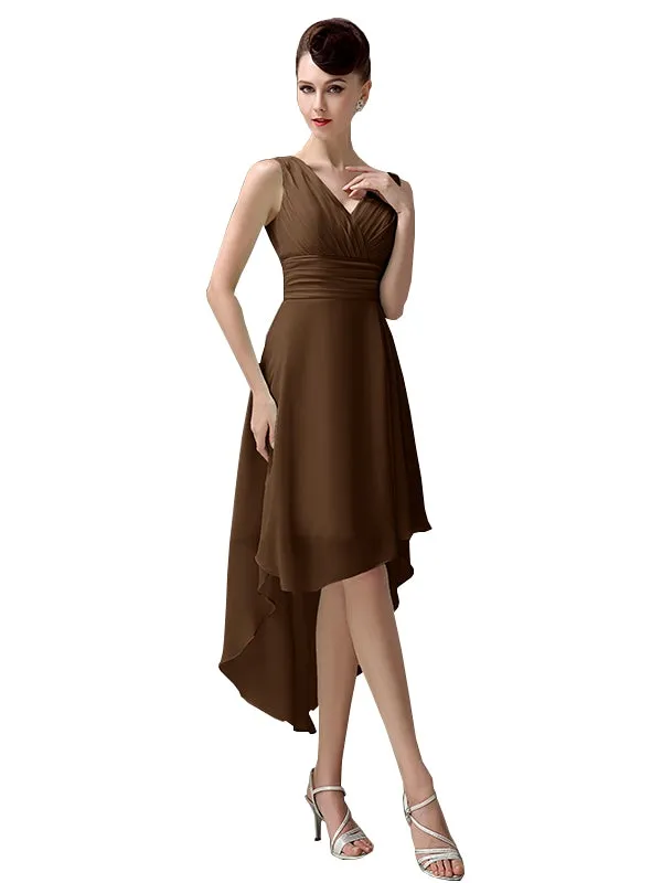 A-line Chiffon V-Neck High-Low Short Beach Bridesmaid Dresses