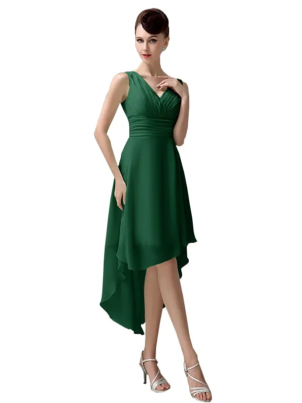 A-line Chiffon V-Neck High-Low Short Beach Bridesmaid Dresses