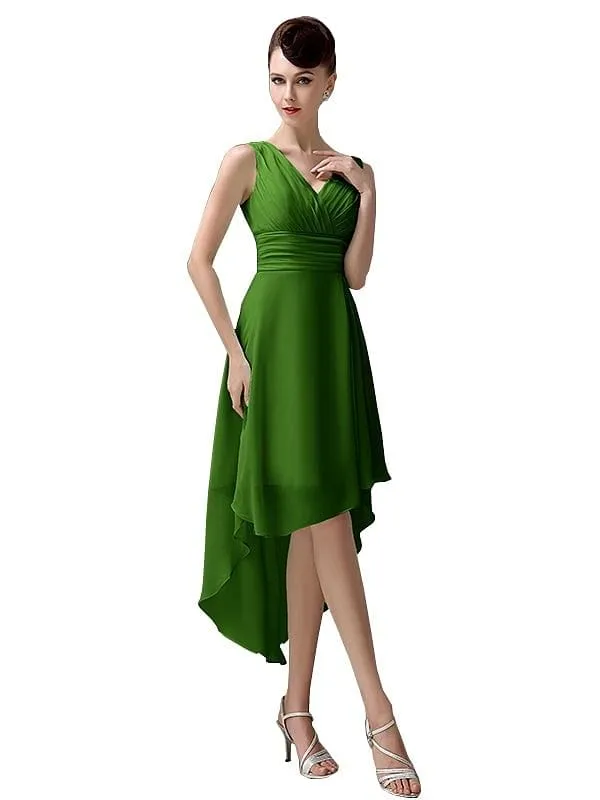 A-line Chiffon V-Neck High-Low Short Beach Bridesmaid Dresses