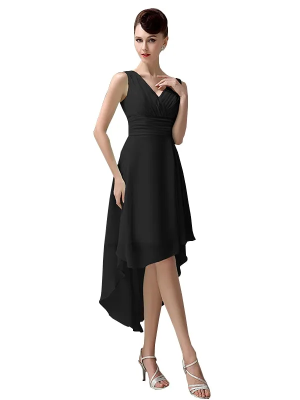 A-line Chiffon V-Neck High-Low Short Beach Bridesmaid Dresses