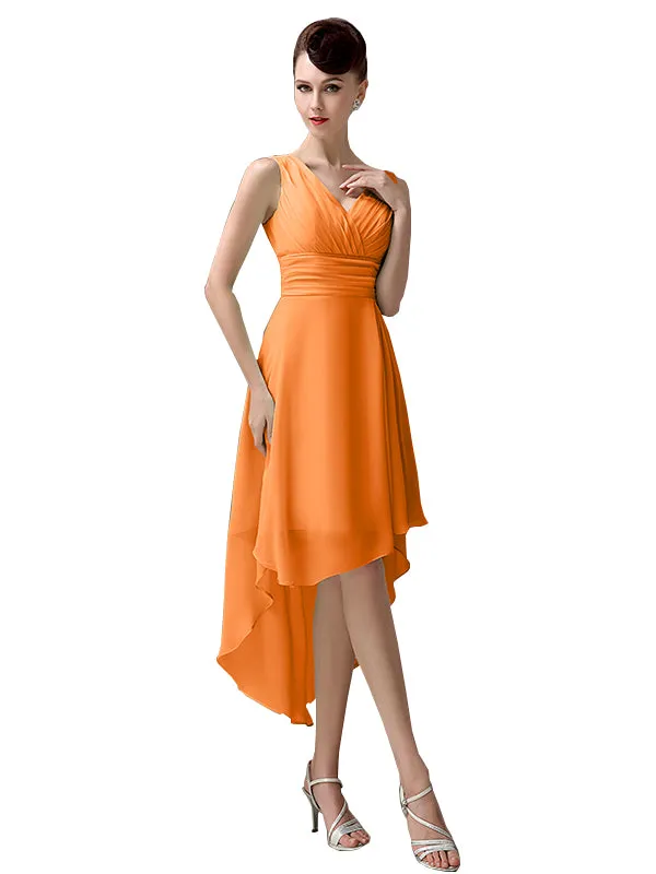 A-line Chiffon V-Neck High-Low Short Beach Bridesmaid Dresses