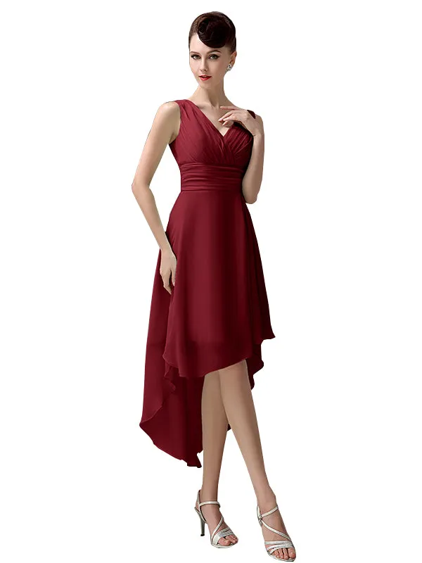 A-line Chiffon V-Neck High-Low Short Beach Bridesmaid Dresses