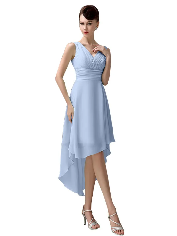 A-line Chiffon V-Neck High-Low Short Beach Bridesmaid Dresses