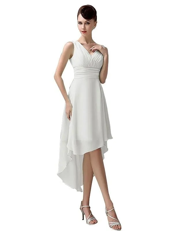 A-line Chiffon V-Neck High-Low Short Beach Bridesmaid Dresses