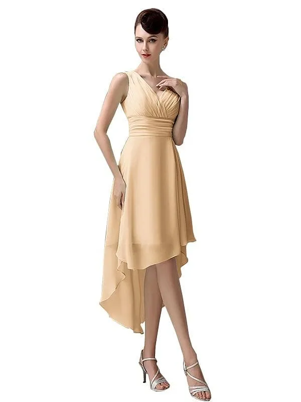 A-line Chiffon V-Neck High-Low Short Beach Bridesmaid Dresses