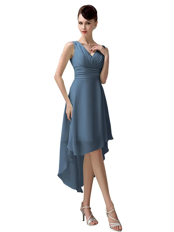 A-line Chiffon V-Neck High-Low Short Beach Bridesmaid Dresses