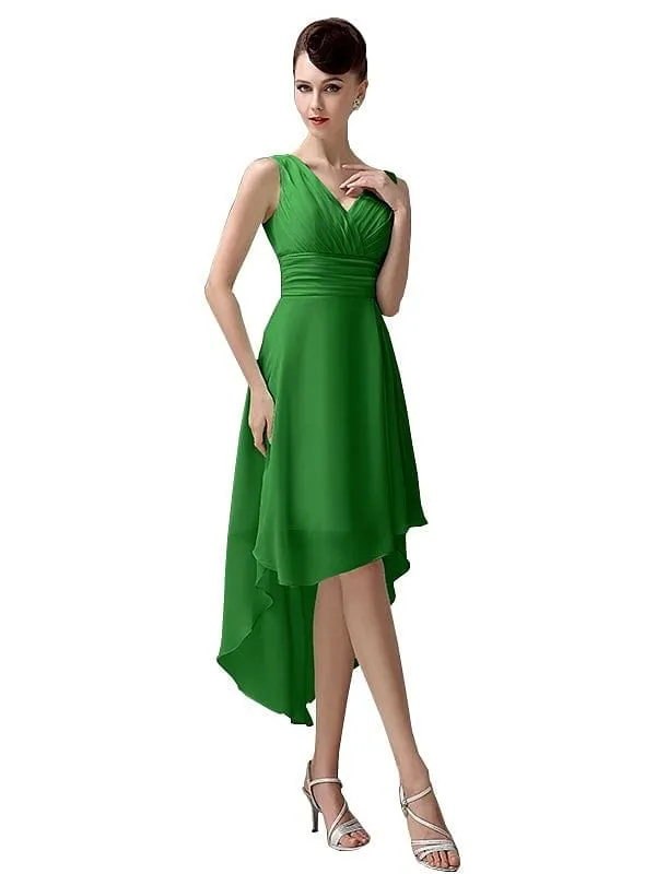 A-line Chiffon V-Neck High-Low Short Beach Bridesmaid Dresses