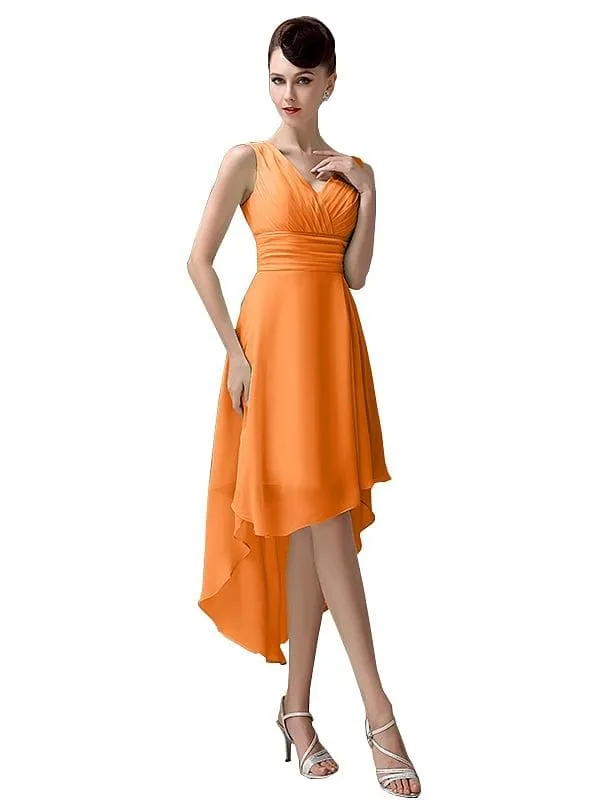 A-line Chiffon V-Neck High-Low Short Beach Bridesmaid Dresses