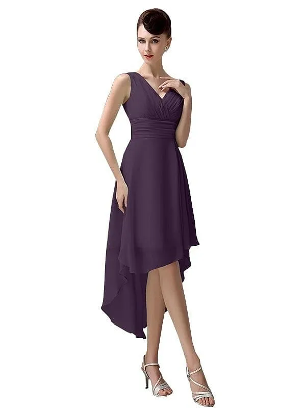 A-line Chiffon V-Neck High-Low Short Beach Bridesmaid Dresses