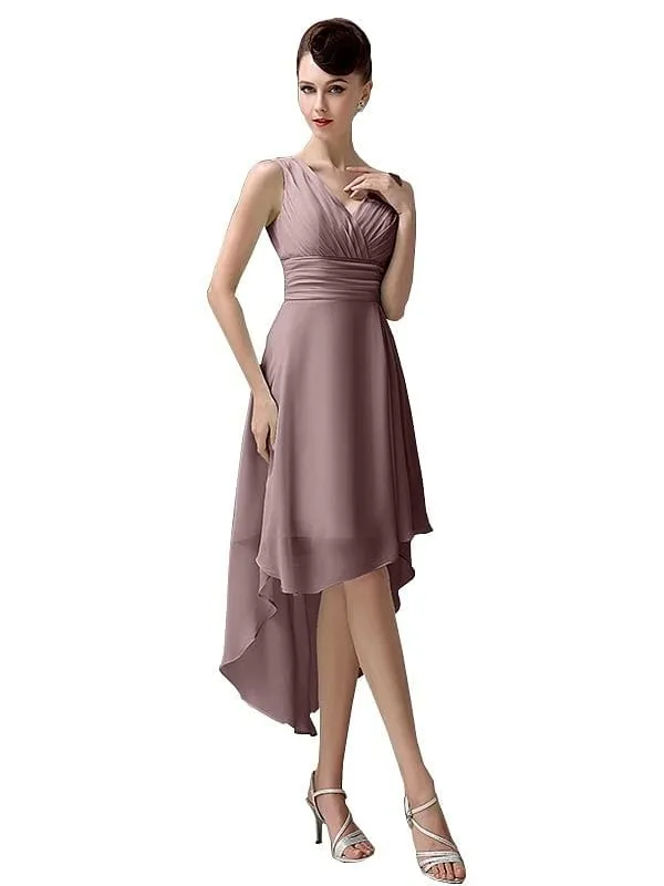 A-line Chiffon V-Neck High-Low Short Beach Bridesmaid Dresses