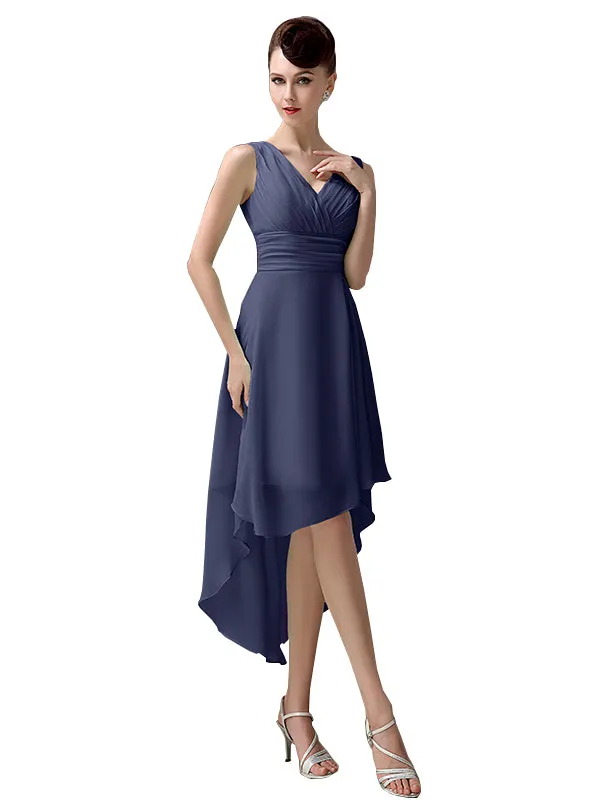 A-line Chiffon V-Neck High-Low Short Beach Bridesmaid Dresses