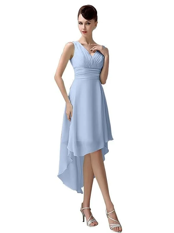 A-line Chiffon V-Neck High-Low Short Beach Bridesmaid Dresses