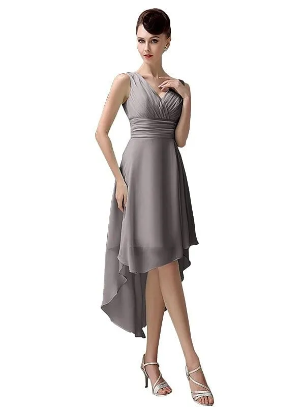 A-line Chiffon V-Neck High-Low Short Beach Bridesmaid Dresses