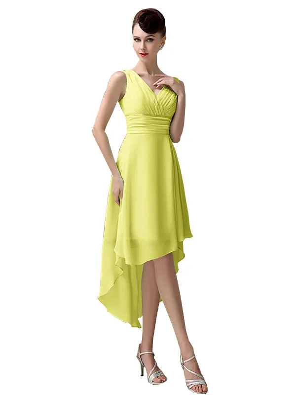 A-line Chiffon V-Neck High-Low Short Beach Bridesmaid Dresses