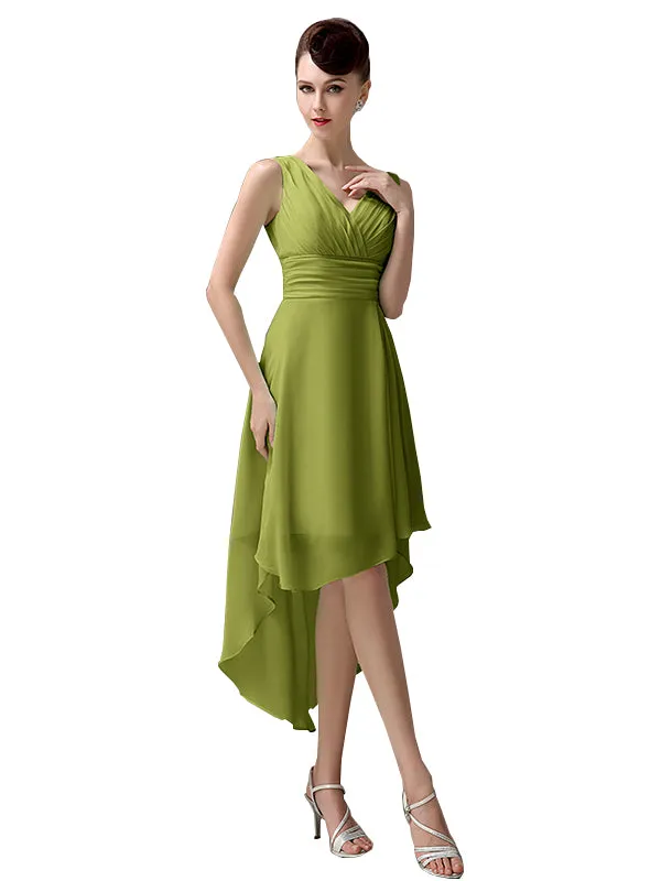 A-line Chiffon V-Neck High-Low Short Beach Bridesmaid Dresses
