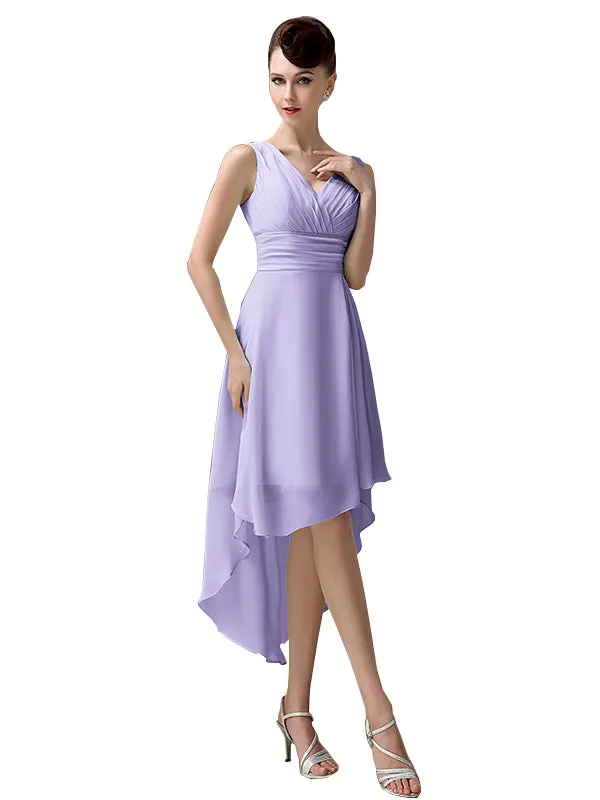 A-line Chiffon V-Neck High-Low Short Beach Bridesmaid Dresses