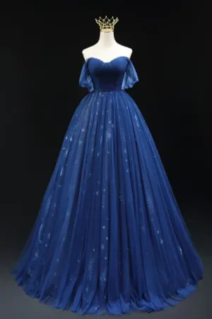 A Line Off Shoulder Sweetheart Neck Dark Blue Long Prom Dress, Blue Formal Dress PFP2464