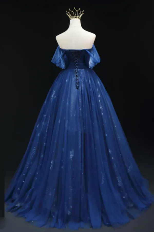A Line Off Shoulder Sweetheart Neck Dark Blue Long Prom Dress, Blue Formal Dress PFP2464
