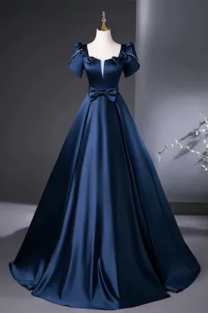 A Line Satin Dark Blue Long Prom Dress, Dark Blue Long Formal Dress PFP2745
