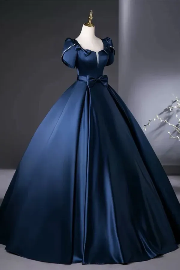 A Line Satin Dark Blue Long Prom Dress, Dark Blue Long Formal Dress PFP2745