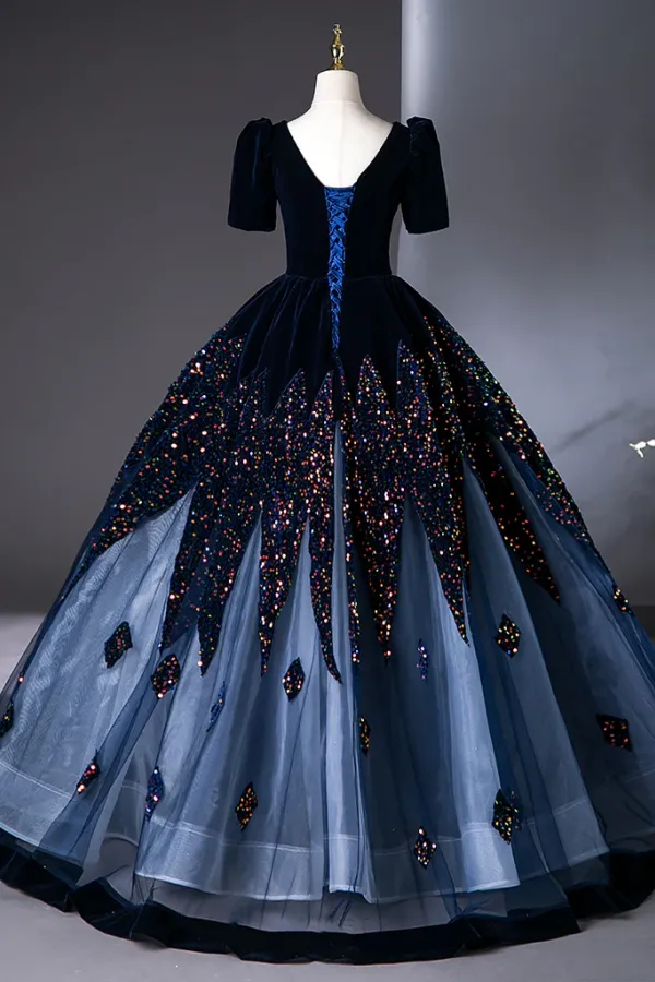 A Line V Neck Velvet Tulle Dark Blue Long Prom Dress, Long Evening Dress PFP2743