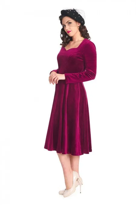 A Royal Evening Velvet Long Sleeve Swing Dress In Aubergine Purple