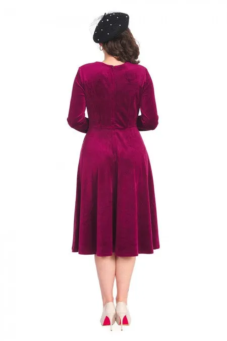 A Royal Evening Velvet Long Sleeve Swing Dress In Aubergine Purple