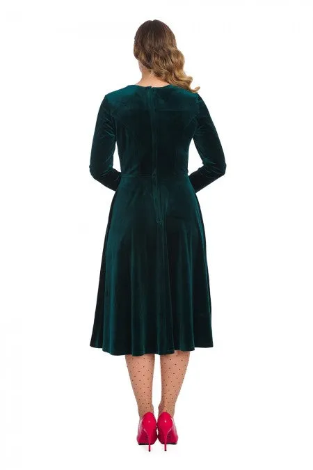 A Royal Evening Velvet Long Sleeve Swing Dress In Dark Green