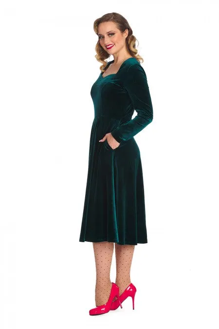 A Royal Evening Velvet Long Sleeve Swing Dress In Dark Green