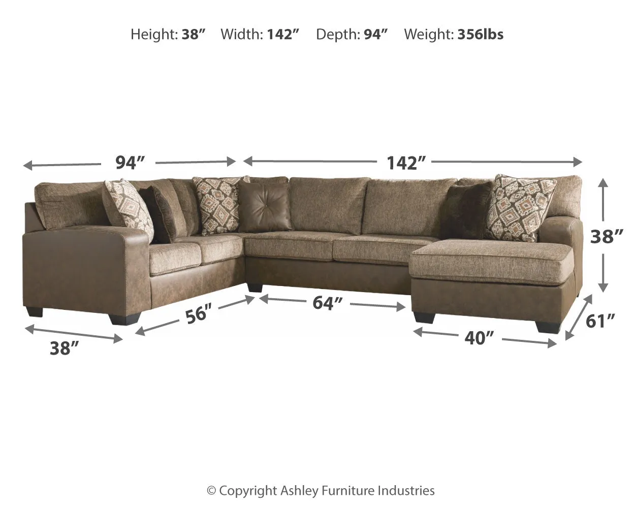 Abalone 3-Piece Sectional with Ottoman in Chocolate