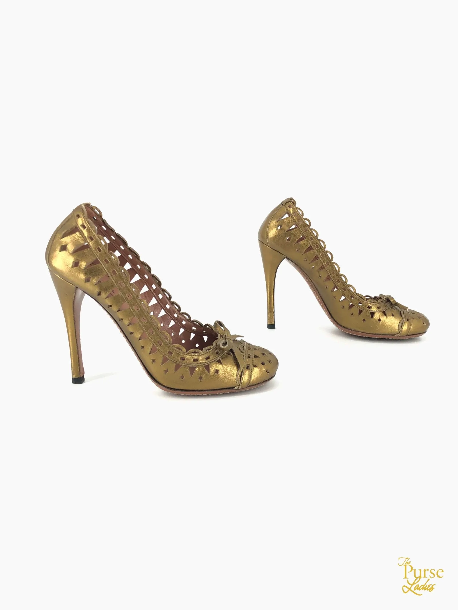 ALAIA Gold Metallic Laser Cut Leather Pumps SZ 37
