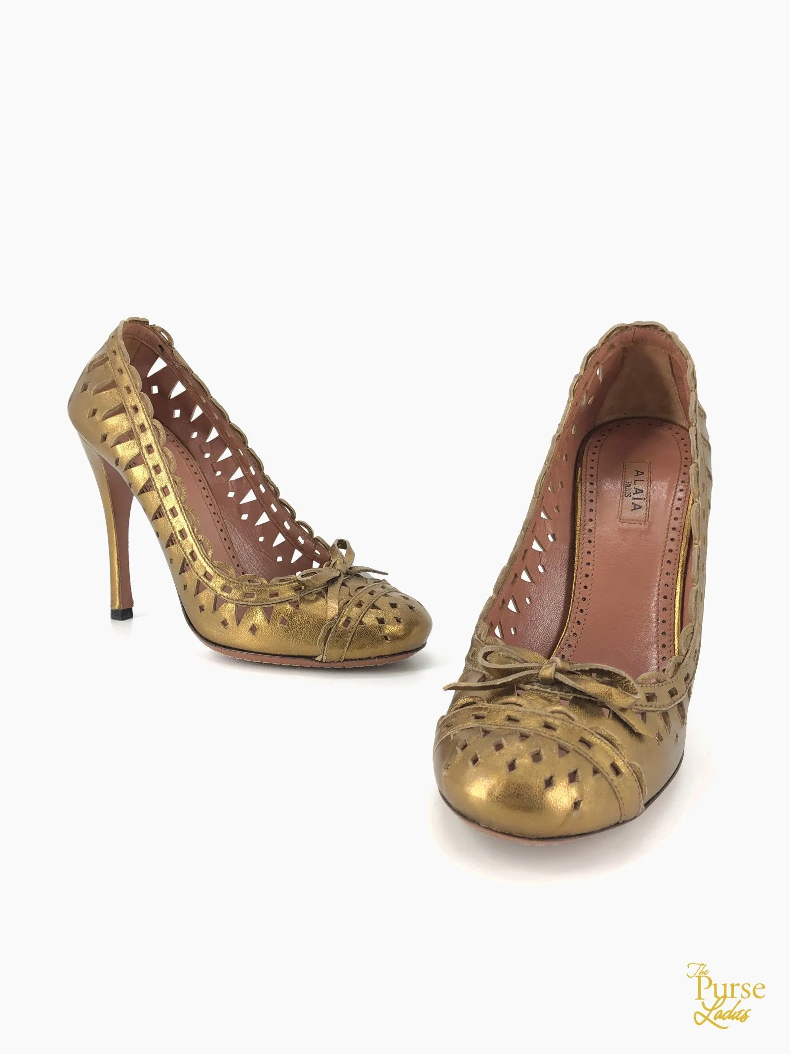 ALAIA Gold Metallic Laser Cut Leather Pumps SZ 37