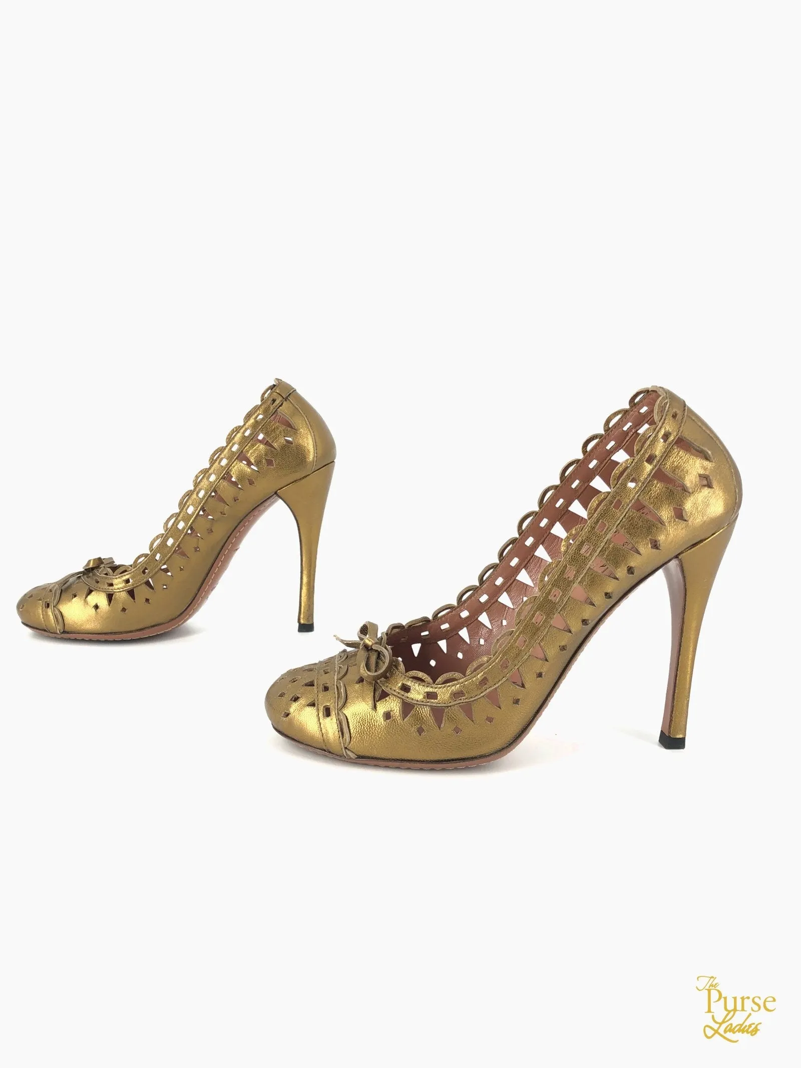 ALAIA Gold Metallic Laser Cut Leather Pumps SZ 37