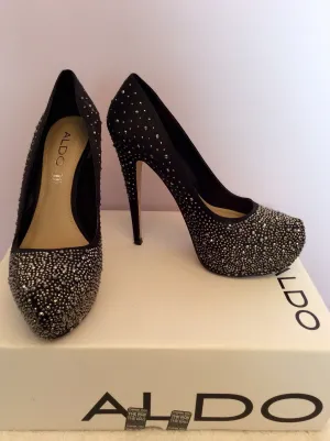 Aldo Black Satin Diamanté Studded Platform Sole Heels Size 5/38