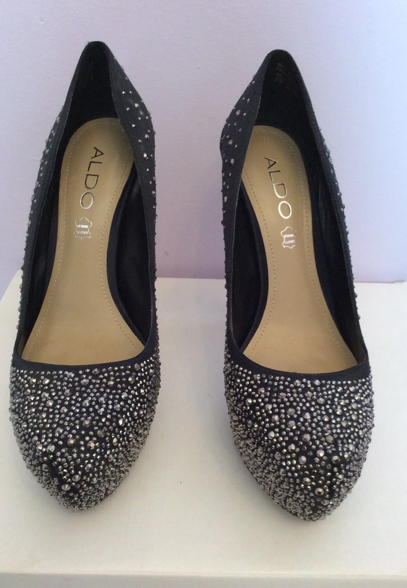 Aldo Black Satin Diamanté Studded Platform Sole Heels Size 5/38