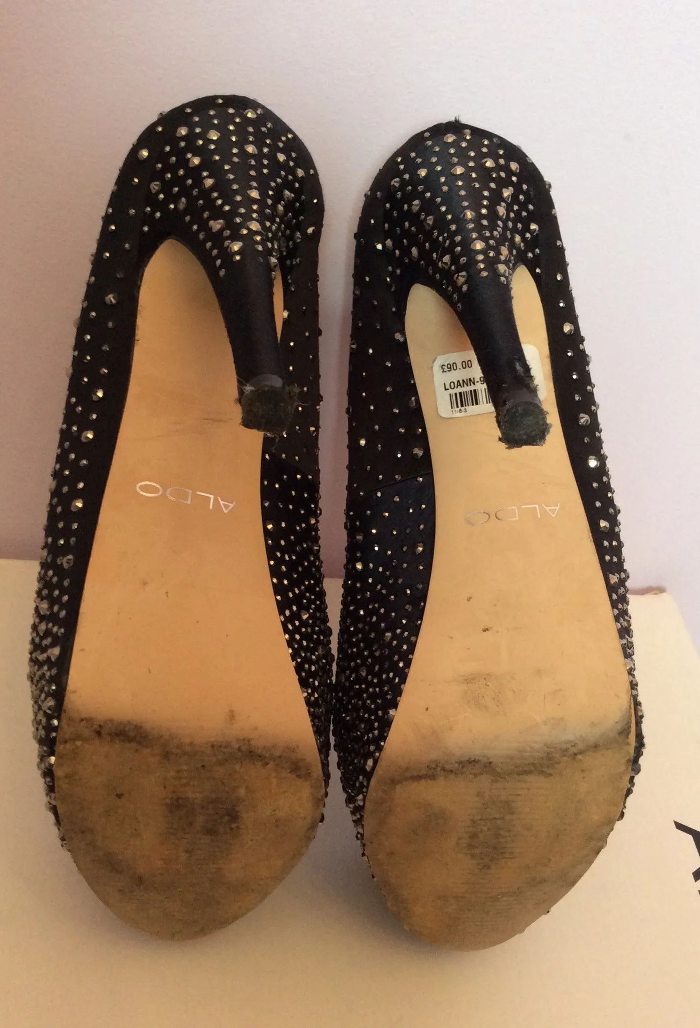 Aldo Black Satin Diamanté Studded Platform Sole Heels Size 5/38