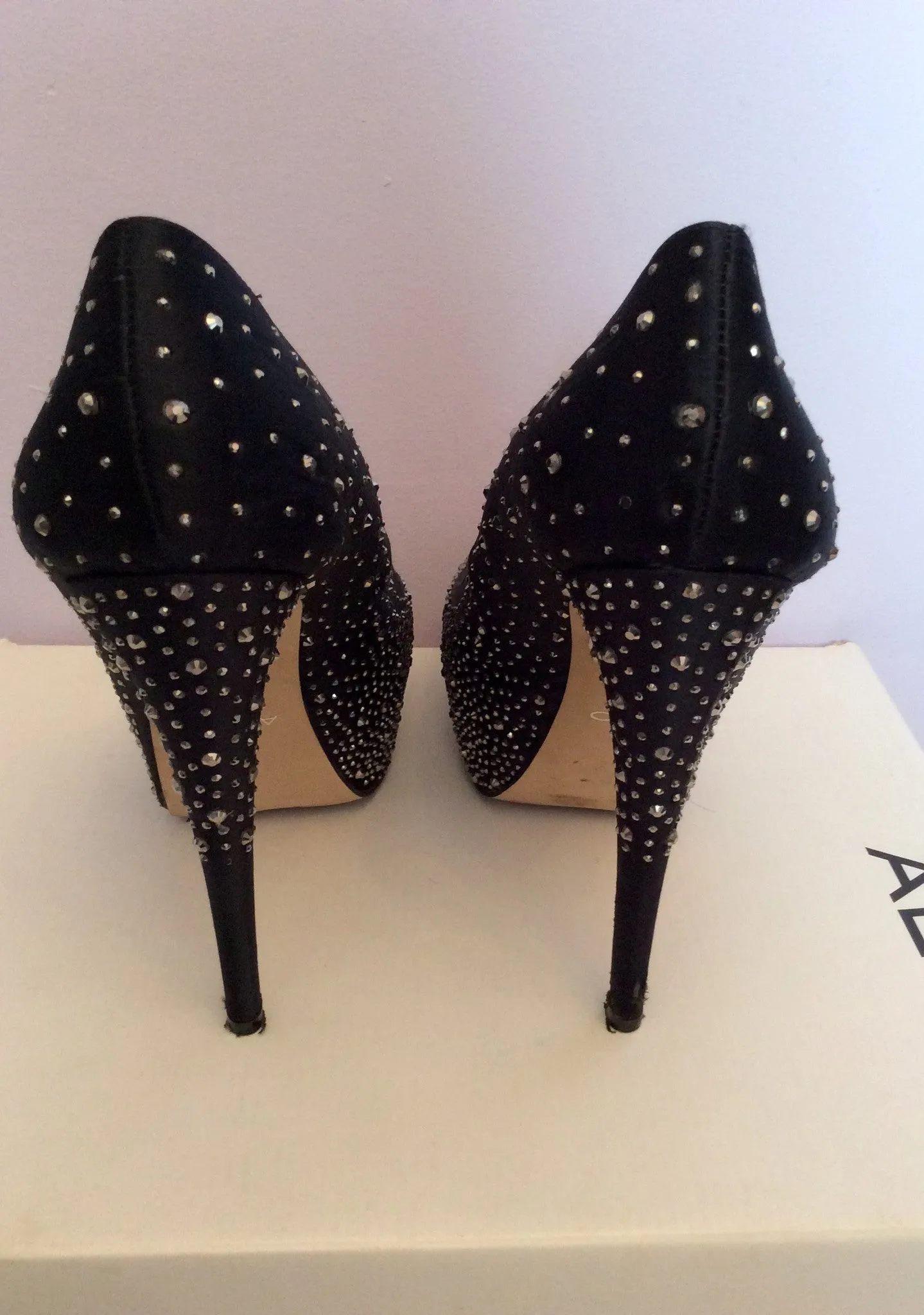 Aldo Black Satin Diamanté Studded Platform Sole Heels Size 5/38