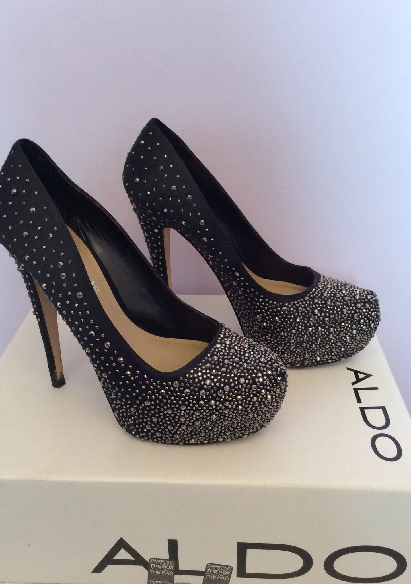 Aldo Black Satin Diamanté Studded Platform Sole Heels Size 5/38