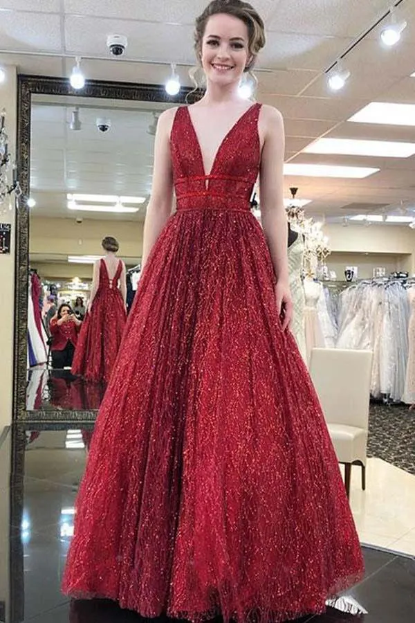 Beautiful Deep V-Neck Dance Dress A Line Sleeveless Long Prom Dress N1592