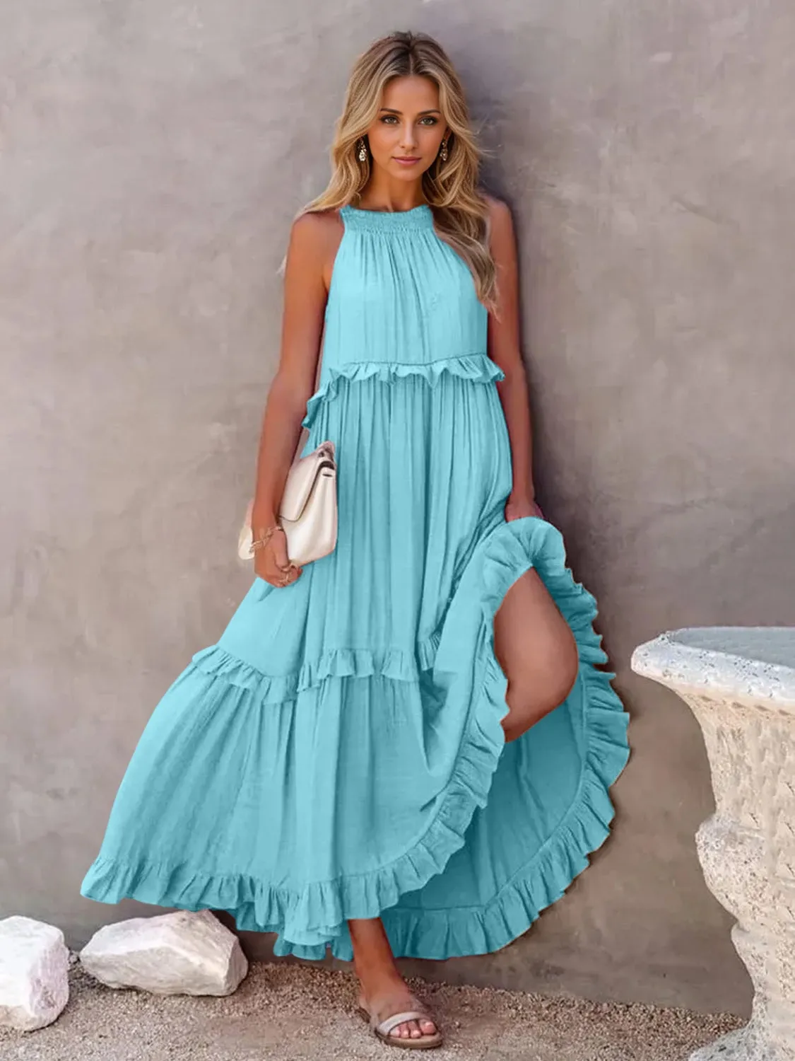 Blue Zone Planet |  Adeline's Ruffled Sleeveless Tiered Maxi Dress with Pockets